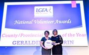 21 February 2020; Galway’s Geraldine Heverin is presented with the County/Provincial Officer of the Year award by Ladies Gaelic Football Association President Marie Hickey at the 2019 LGFA Volunteer of the Year awards night at Croke Park in Dublin. Photo by Piaras Ó Mídheach/Sportsfile