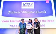 21 February 2020; Maggie Skelton, from Aghyaran in Co. Tyrone, is presented with the Lulu Carroll award for the Overall Volunteer of the Year by Ladies Gaelic Football Association President Marie Hickey, right, and Angela Carroll, mother of the late Lulu Carroll at the 2019 LGFA Volunteer of the Year awards night at Croke Park in Dublin. Photo by Piaras Ó Mídheach/Sportsfile