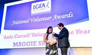 21 February 2020; Maggie Skelton, from Aghyaran in Co. Tyrone, winner of the Lulu Carroll award for the Overall Volunteer of the Year, is interviewed by MC Marty Morrissey at the 2019 LGFA Volunteer of the Year awards night at Croke Park in Dublin. Photo by Piaras Ó Mídheach/Sportsfile