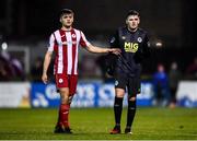 21 February 2020; Ronan Hale of St Patrick's Athletic and Niall Morahan of Sligo Rovers during the SSE Airtricity League Premier Division match between Sligo Rovers and St. Patrick's Athletic at The Showgrounds in Sligo. Photo by Ben McShane/Sportsfile
