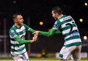 21 February 2020; Graham Burke of Shamrock Rovers celebrates after scoring his side's fifth goal, with team-mate Neil Farrugia, right, during the SSE Airtricity League Premier Division match between Shamrock Rovers and Cork City at Tallaght Stadium in Dublin. Photo by Stephen McCarthy/Sportsfile