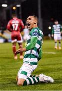 21 February 2020; Graham Burke of Shamrock Rovers celebrates after scoring his side's fifth goal during the SSE Airtricity League Premier Division match between Shamrock Rovers and Cork City at Tallaght Stadium in Dublin. Photo by Stephen McCarthy/Sportsfile