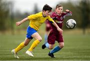 22 February 2020; Darragh Ball of Clare SSL in action against Luke Murray of Galway SL during the U13 SFAI Subway National Plate Final match between Clare SSL and Galway SL at Mullingar Athletic FC in Gainestown, Co. Westmeath. Photo by Seb Daly/Sportsfile