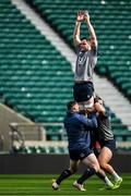 22 February 2020; James Ryan is lifted by Cian Healy, left, and Andrew Porter during the Ireland Rugby Captain's Run at Twickenham Stadium in London, England. Photo by Brendan Moran/Sportsfile