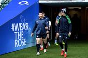 22 February 2020; Cian Healy, left, and Jonathan Sexton during the Ireland Rugby Captain's Run at Twickenham Stadium in London, England. Photo by Ramsey Cardy/Sportsfile