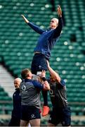 22 February 2020; Devin Toner is lifted by team-mates Tadhg Furlong and Jack McGrath, right, during the Ireland Rugby Captain's Run at Twickenham Stadium in London, England. Photo by Brendan Moran/Sportsfile