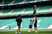 22 February 2020; Caelan Doris, lifted by Jack McGrath and Dave Kilcoyne during the Ireland Rugby Captain's Run at Twickenham Stadium in London, England. Photo by Ramsey Cardy/Sportsfile