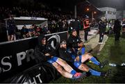21 February 2020; Peter Dooley, left, Michael Bent, centre , and Jamison Gibson-Park of Leinster watch on  during the Guinness PRO14 Round 12 match between Ospreys and Leinster at The Gnoll in Neath, Wales. Photo by Ramsey Cardy/Sportsfile