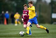 22 February 2020; Tadhg Lohan of Clare SSL in action against Rhys O’Connor of Galway SL during the U13 SFAI Subway National Plate Final match between Clare SSL and Galway SL at Mullingar Athletic FC in Gainestown, Co. Westmeath. Photo by Seb Daly/Sportsfile