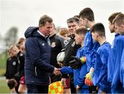 22 February 2020; John Earley, Chairman, SFAI, meets Clare SSL players prior to the U13 SFAI Subway National Plate Final match between Clare SSL and Galway SL at Mullingar Athletic FC in Gainestown, Co. Westmeath. Photo by Seb Daly/Sportsfile