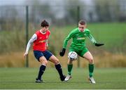 22 February 2020; Liam Ryan of Carlow JDL in action against Matthew Gordetesky of Mayo SL during the U15 SFAI Subway National Plate Final match between Mayo SL and Carlow JDL at Mullingar Athletic FC in Gainestown, Co. Westmeath. Photo by Seb Daly/Sportsfile