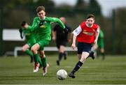 22 February 2020; Kevin Kitterick of Mayo SL in action against Andrew Vint of Carlow JDL during the U15 SFAI Subway National Plate Final match between Mayo SL and Carlow JDL at Mullingar Athletic FC in Gainestown, Co. Westmeath. Photo by Seb Daly/Sportsfile