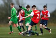 22 February 2020; Peter Grogan of Carlow JDL in action against Conor Kelly of Mayo SL during the U15 SFAI Subway National Plate Final match between Mayo SL and Carlow JDL at Mullingar Athletic FC in Gainestown, Co. Westmeath. Photo by Seb Daly/Sportsfile
