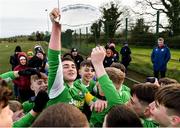 22 February 2020; Carlow JDL captain Cian Gorman Comerford celebrates with team-mates following their victory during the U15 SFAI Subway National Plate Final match between Mayo SL and Carlow JDL at Mullingar Athletic FC in Gainestown, Co. Westmeath. Photo by Seb Daly/Sportsfile