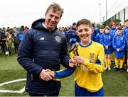 22 February 2020; Man of the Match Tiernan Adelu of Clare SSL is presented with this award by John Earley, Chairman, SFAI, following the U13 SFAI Subway National Plate Final match between Clare SSL and Galway SL at Mullingar Athletic FC in Gainestown, Co. Westmeath. Photo by Seb Daly/Sportsfile