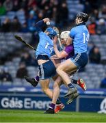 22 February 2020; Oisín O’Rorke, left, and Ronan Hayes of Dublin contest a high ball with Liam Ryan of Wexford during the Allianz Hurling League Division 1 Group B Round 4 match between Dublin and Wexford at Croke Park in Dublin. Photo by Sam Barnes/Sportsfile