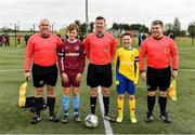 22 February 2020; Referee Rafal Tkaczyk with with officials and team captains Tommy Lillis of Galway SL and Tiernan Adelu of Clare SSL prior to the U13 SFAI Subway National Plate Final match between Clare SSL and Galway SL at Mullingar Athletic FC in Gainestown, Co. Westmeath. Photo by Seb Daly/Sportsfile