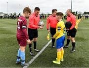 22 February 2020; Referee Rafal Tkaczyk with team captains Tommy Lillis of Galway SL and Tiernan Adelu of Clare SSL prior to the U13 SFAI Subway National Plate Final match between Clare SSL and Galway SL at Mullingar Athletic FC in Gainestown, Co. Westmeath. Photo by Seb Daly/Sportsfile