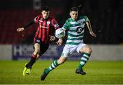 22 February 2020; Sean Callan of Shamrock Rovers II in action against Rob Manley of Longford Town during the SSE Airtricity League First Division match between Longford Town and Shamrock Rovers II at Bishopsgate in Longford. Photo by Stephen McCarthy/Sportsfile