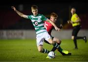 22 February 2020; Brandon Kavanagh of Shamrock Rovers II and Aodh Dervin of Longford Town during the SSE Airtricity League First Division match between Longford Town and Shamrock Rovers II at Bishopsgate in Longford. Photo by Stephen McCarthy/Sportsfile