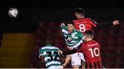 22 February 2020; Rob Manley of Longford Town beats Sean Callan of Shamrock Rovers II to head his side's second goal during the SSE Airtricity League First Division match between Longford Town and Shamrock Rovers II at Bishopsgate in Longford. Photo by Stephen McCarthy/Sportsfile