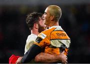 22 February 2020; Former Ulster player Ruan Pienaar of Toyota Cheetahs and John Andrew of Ulster after the Guinness PRO14 Round 12 match between Ulster and Toyota Cheetahs at Kingspan Stadium in Belfast.  Photo by Oliver McVeigh/Sportsfile