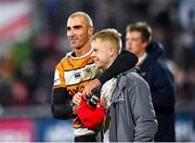 22 February 2020; Former Ulster player Ruan Pienaar of Toyota Cheetahs and David Shanahan of Ulster after the Guinness PRO14 Round 12 match between Ulster and Toyota Cheetahs at Kingspan Stadium in Belfast.  Photo by Oliver McVeigh/Sportsfile