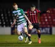 22 February 2020; Darragh Nugent of Shamrock Rovers II and Aaron McNally of Longford Town during the SSE Airtricity League First Division match between Longford Town and Shamrock Rovers II at Bishopsgate in Longford. Photo by Stephen McCarthy/Sportsfile