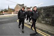 23 February 2020; Cian Darcy, right, and Tom Flynn of Galway arrive ahead of their team-mates as they walk to the stadium prior to the Allianz Football League Division 1 Round 4 match between Galway and Tyrone at Tuam Stadium in Tuam, Galway.  Photo by David Fitzgerald/Sportsfile