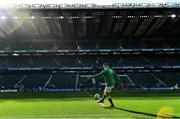 23 February 2020; Jonathan Sexton of Ireland kicks in the warm-up prior to the Guinness Six Nations Rugby Championship match between England and Ireland at Twickenham Stadium in London, England. Photo by Brendan Moran/Sportsfile Photo by Brendan Moran/Sportsfile