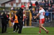 23 February 2020; Kieran McGeary of Tyrone walks off the pitch past manager Mickey Harte after receiving a red card during the Allianz Football League Division 1 Round 4 match between Galway and Tyrone at Tuam Stadium in Tuam, Galway.  Photo by David Fitzgerald/Sportsfile