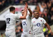 23 February 2020; George Ford of England celebrates after scoring his side's second try with team-mates Owen Farrell and Kyle Sinkler during the Guinness Six Nations Rugby Championship match between England and Ireland at Twickenham Stadium in London, England. Photo by Brendan Moran/Sportsfile Photo by Brendan Moran/Sportsfile