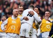 23 February 2020; Elliot Daly of England celebrates after scoring his side's second try with team-mates during the Guinness Six Nations Rugby Championship match between England and Ireland at Twickenham Stadium in London, England. Photo by Brendan Moran/Sportsfile Photo by Brendan Moran/Sportsfile