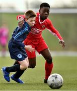 23 February 2020; Dezell Obenge of Cork SL in action against Conor Lougheed of DDSL during the U13 SFAI Subway Liam Miller Cup National Championship Final match between Cork SL and DDSL at Mullingar Athletic FC in Gainestown, Co. Westmeath. Photo by Eóin Noonan/Sportsfile