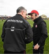 23 February 2020; Tyrone manager Mickey Harte, right, and Galway manager Padraic Joyce shake hands following the Allianz Football League Division 1 Round 4 match between Galway and Tyrone at Tuam Stadium in Tuam, Galway.  Photo by David Fitzgerald/Sportsfile