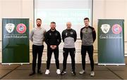23 February 2020; Speakers, from left, Dylan Mernagh, Sport Scientist, Queens Park Rangers Football Club, Darren Dillon, Strength & conditioning coach, Shamrock Rovers, Dan Horan, Head of Football Science and Research at the FAI, and Remy Tang, Strength & conditioning coach, Bohemians, pose for a photograph following the FAI Football Fitness Conference 2020 at Johnstown House in Enfield, Co. Meath. Photo by Stephen McCarthy/Sportsfile