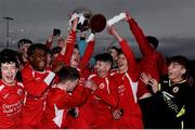 23 February 2020; Ross Hennessy of Cork SL lifting the cup alongside team-mates following the U15 SFAI Subway National Championship Final match between Donegal and Cork SL at Mullingar Athletic FC in Gainestown, Co. Westmeath. Photo by Eóin Noonan/Sportsfile