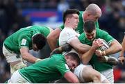 23 February 2020; Jonathan Sexton of Ireland supported by James Ryan, Tadhg Furlong, and Devin Toner is tackled by Tom Curry of England during the Guinness Six Nations Rugby Championship match between England and Ireland at Twickenham Stadium in London, England. Photo by Ramsey Cardy/Sportsfile