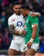 23 February 2020; Manu Tuilagi of England, left, and Bundee Aki of Ireland after the Guinness Six Nations Rugby Championship match between England and Ireland at Twickenham Stadium in London, England. Photo by Brendan Moran/Sportsfile