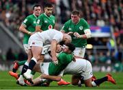 23 February 2020; Robbie Henshaw of Ireland is tackled by Joe Marler and Jamie George of England during the Guinness Six Nations Rugby Championship match between England and Ireland at Twickenham Stadium in London, England. Photo by Brendan Moran/Sportsfile