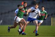 23 February 2020; Aidan O'Shea of Mayo in action against Niall Kearns of Monaghan during the Allianz Football League Division 1 Round 4 match between Monaghan and Mayo at St Tiernach's Park in Clones, Monaghan. Photo by Oliver McVeigh/Sportsfile