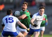 23 February 2020; Aidan O'Shea of Mayo in action against Conor McManus and Niall Kearns of Monaghan during the Allianz Football League Division 1 Round 4 match between Monaghan and Mayo at St Tiernach's Park in Clones, Monaghan. Photo by Oliver McVeigh/Sportsfile