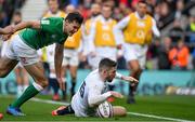 23 February 2020; Elliot Daly of England scores his side's second try despite the efforts of Jacob Stockdale of Ireland during the Guinness Six Nations Rugby Championship match between England and Ireland at Twickenham Stadium in London, England. Photo by Brendan Moran/Sportsfile