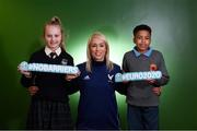 24 February 2020; Republic of Ireland international Stephanie Roche with Millie Murray, age 11, from Scoil Chearbhaill Uí Dhálaigh, Leixlip, Kildare, and Ben Udemba, age 12, from Coolmine Community School, Dublin, at the launch of the The No Barriers 2020 project in FAI Headquarters, Abbotstown, Dublin. The No Barriers 2020 project brings together sport and social action, harnessing the excitement of the UEFA EURO 2020 tournament in primary schools across Ireland. No Barriers 2020 builds up to the UEFA EURO 2020 tournament, encouraging primary schools to use football to inspire social change in their community. This new project brings the excitement and power of football directly to schools in the Republic of Ireland, focusing on Dublin and London as host cities of the tournament. The project is supported by the Football Association of Ireland and the Greater London Authority. Photo by Stephen McCarthy/Sportsfile