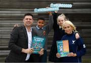 24 February 2020; Former Republic of Ireland international and current FAI Interim Deputy Chief Executive Niall Quinn, Republic of Ireland international Stephanie Roche with Millie Murray, age 11, from Scoil Chearbhaill Uí Dhálaigh, Leixlip, Kildare, and Ben Udemba, age 12, from Coolmine Community School, Dublin, at the launch of the The No Barriers 2020 project in FAI Headquarters, Abbotstown, Dublin. The No Barriers 2020 project brings together sport and social action, harnessing the excitement of the UEFA EURO 2020 tournament in primary schools across Ireland. No Barriers 2020 builds up to the UEFA EURO 2020 tournament, encouraging primary schools to use football to inspire social change in their community. This new project brings the excitement and power of football directly to schools in the Republic of Ireland, focusing on Dublin and London as host cities of the tournament. The project is supported by the Football Association of Ireland and the Greater London Authority. Photo by Stephen McCarthy/Sportsfile