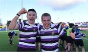 24 February 2020; Terenure College players Eamon Geraghty, left, and Conor O'Brien celebrate after the Bank of Ireland Leinster Schools Junior Cup Second Round match between Cistercian College Roscrea and Terenure College at Energia Park in Dublin. Photo by Piaras Ó Mídheach/Sportsfile