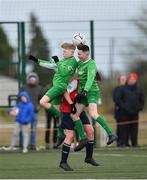 22 February 2020; Brandon Cassidy, left, and Luke Murphy of Carlow JDL in action against Fionn O’Hara of Mayo SL during the U15 SFAI Subway National Plate Final match between Mayo SL and Carlow JDL at Mullingar Athletic FC in Gainestown, Co. Westmeath. Photo by Seb Daly/Sportsfile