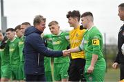 22 February 2020; John Earley, Chairman, SFAI, meets Carlow JDL captain Cian Gorman Comerford prior to the U15 SFAI Subway National Plate Final match between Mayo SL and Carlow JDL at Mullingar Athletic FC in Gainestown, Co. Westmeath. Photo by Seb Daly/Sportsfile