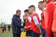 22 February 2020; John Earley, Chairman, SFAI, meets Mayo SL players prior to the U15 SFAI Subway National Plate Final match between Mayo SL and Carlow JDL at Mullingar Athletic FC in Gainestown, Co. Westmeath. Photo by Seb Daly/Sportsfile