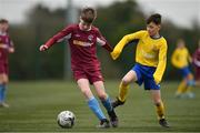 22 February 2020; Billy Regan of Galway SL in action against Matt Jones of Clare SSL during the U13 SFAI Subway National Plate Final match between Clare SSL and Galway SL at Mullingar Athletic FC in Gainestown, Co. Westmeath. Photo by Seb Daly/Sportsfile
